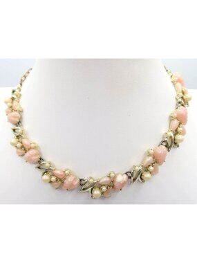 Vintage Mid Century Pink Thermoset & Faux Pearl Gold Tone Choker Necklace